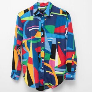 Ralph Lauren Print Crepe Shirt Abstract Blouse Colorful Polo Black Size Small